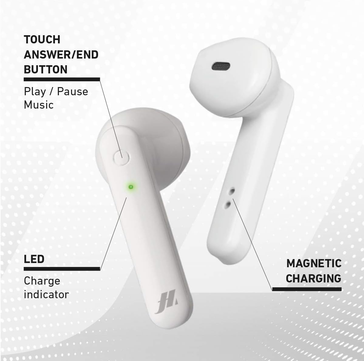 Close-up of a Music Hero TWS Beat earbud, highlighting the touch answer/end button, LED charge indicator, and magnetic charging contacts.