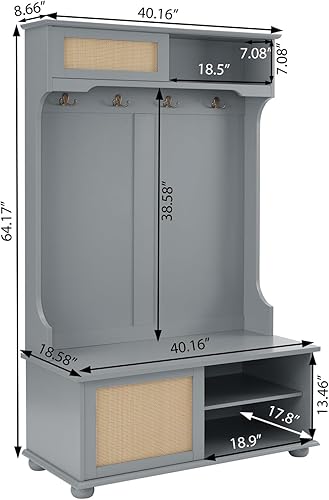 Miniatura 5 de Polibi Árbol de pasillo con puertas corredizas, zapatero de madera con banco de almacenamiento y estantes ajustables, perchero con 6 ganchos de