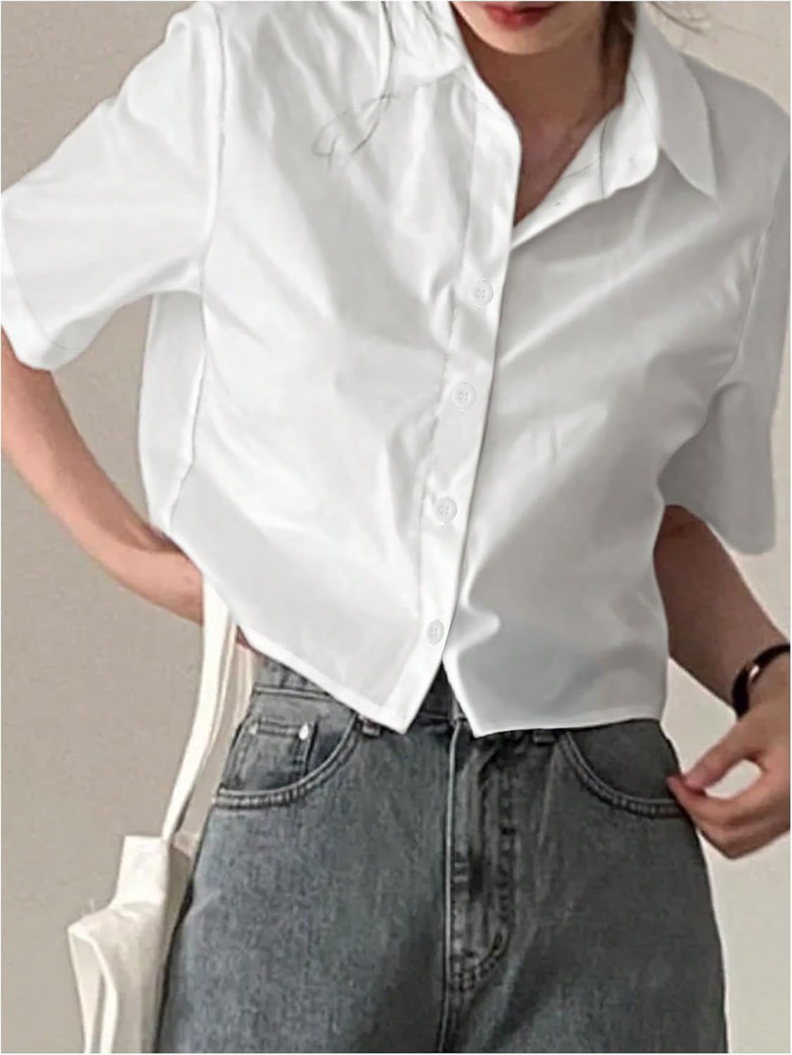 SweatyRocks Women's Casual Button Down Shirt Short Sleeve Stand Collar Tops Trendy Work Blouses - Image 2
