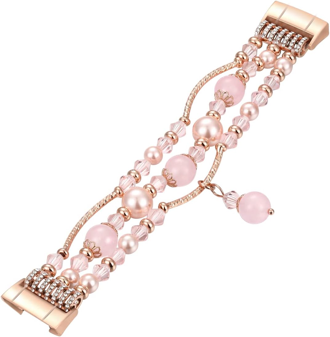 fastgo Compatible for Fitbit Charge 4 Fitbit Charge 3 Replacement Bands, Artificial Handmade Beaded Elastic Accessory Band for Wedding Party(Pink)