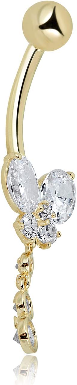 AVORA 10K Gold Simulated Diamond CZ Dangling Butterfly Belly Button Ring Body Jewelry (14 Gauge)