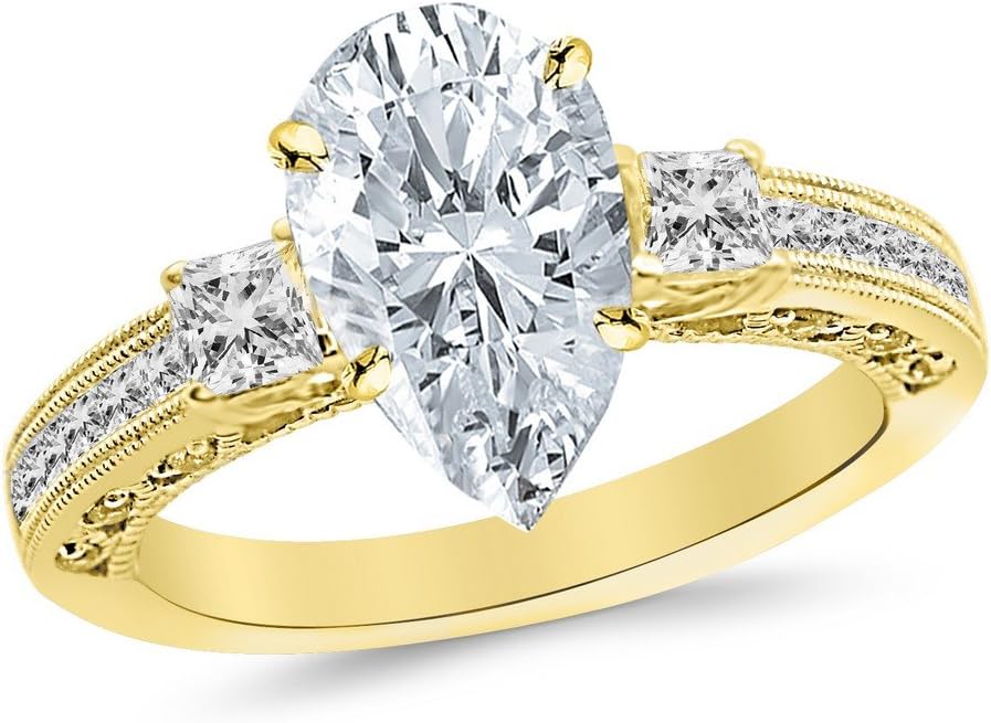 1 Carat 14K White Gold Three 3 Stone Princess Cut Channel Set Pear Cut Diamond Engagement Ring (0.5 Ct F Color SI3 Clarity Center Stone)