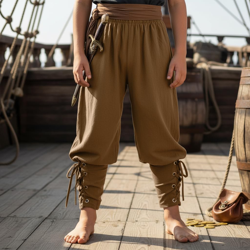 Kids Renaissance Ankle Banded Pirate Pants Medieval Viking Lace Up Tapered Trousers Halloween Costume 3-12 Years - Image 7