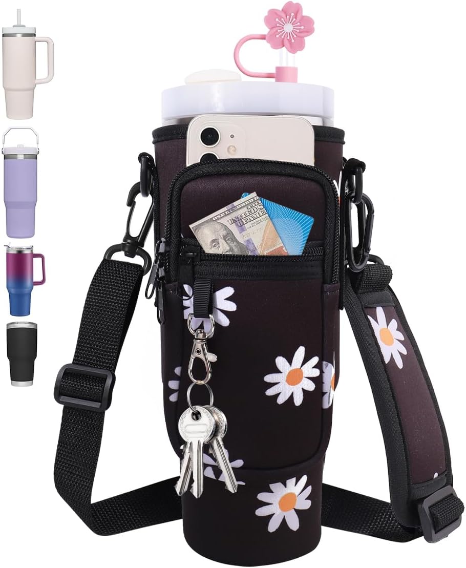 Neoprene Water Bottle Carrier Bag Holder with Phone Pocket & Carabiner - Adjustable Strap for Stanley 30/40 oz Tumblers, Double Zipper Pouch Cup Accessories, Floral Black