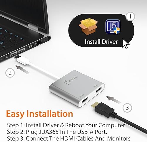 Miniatura 6 de j5create USB to HDMI Adapter - Dual HDMI USB 3.0 Multi-Monitor Cable  4K + 1080p  Compatible with Windows and macOS (JUA365)