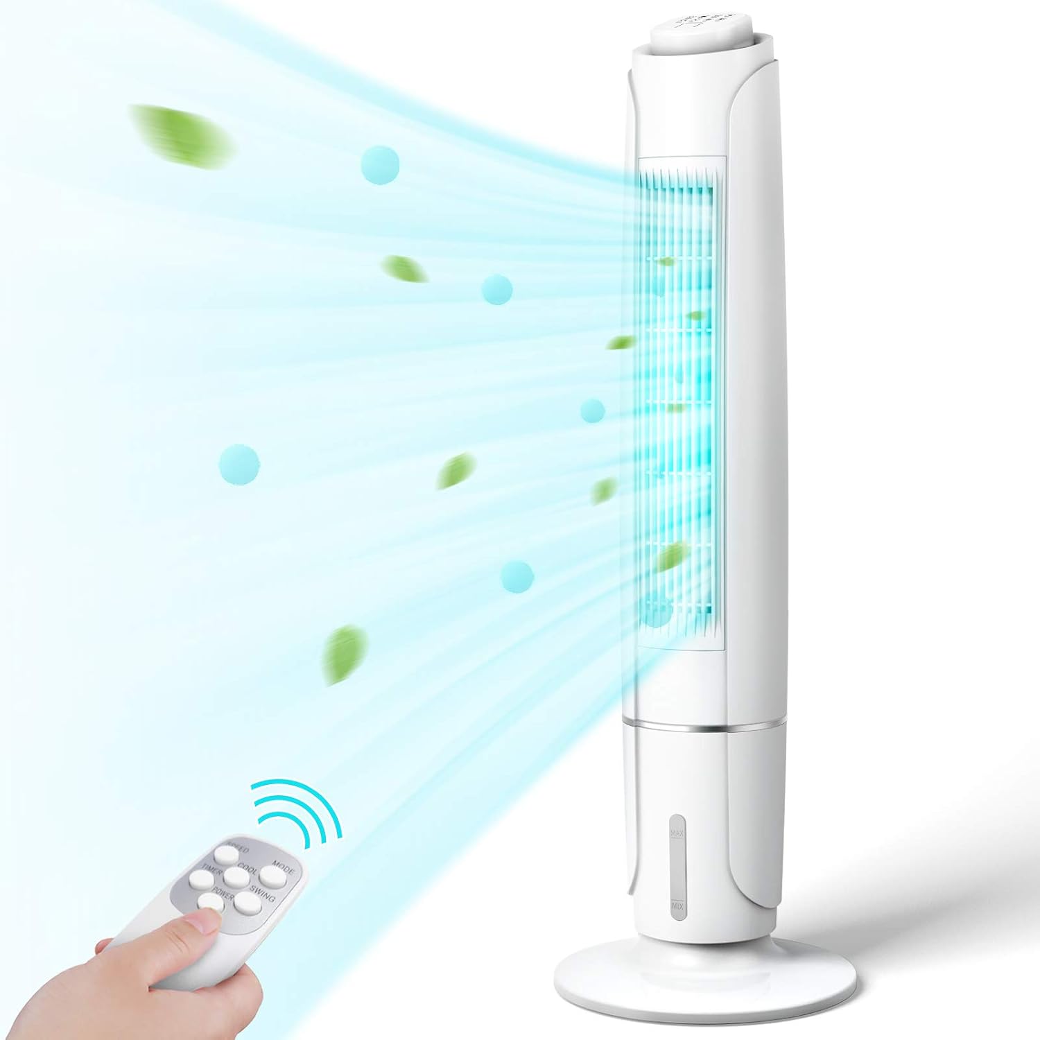 Evaporative Air Cooler - COMFYHOME 43-Inch Bladeless Tower Fan w/Cooler Mode & 3 Speeds, 60°Oscillation, 20-Ft Remote, 12-Hour Timer, Personal Cooling Fan for Home Office Bedroom, 4 Ice Packs Included