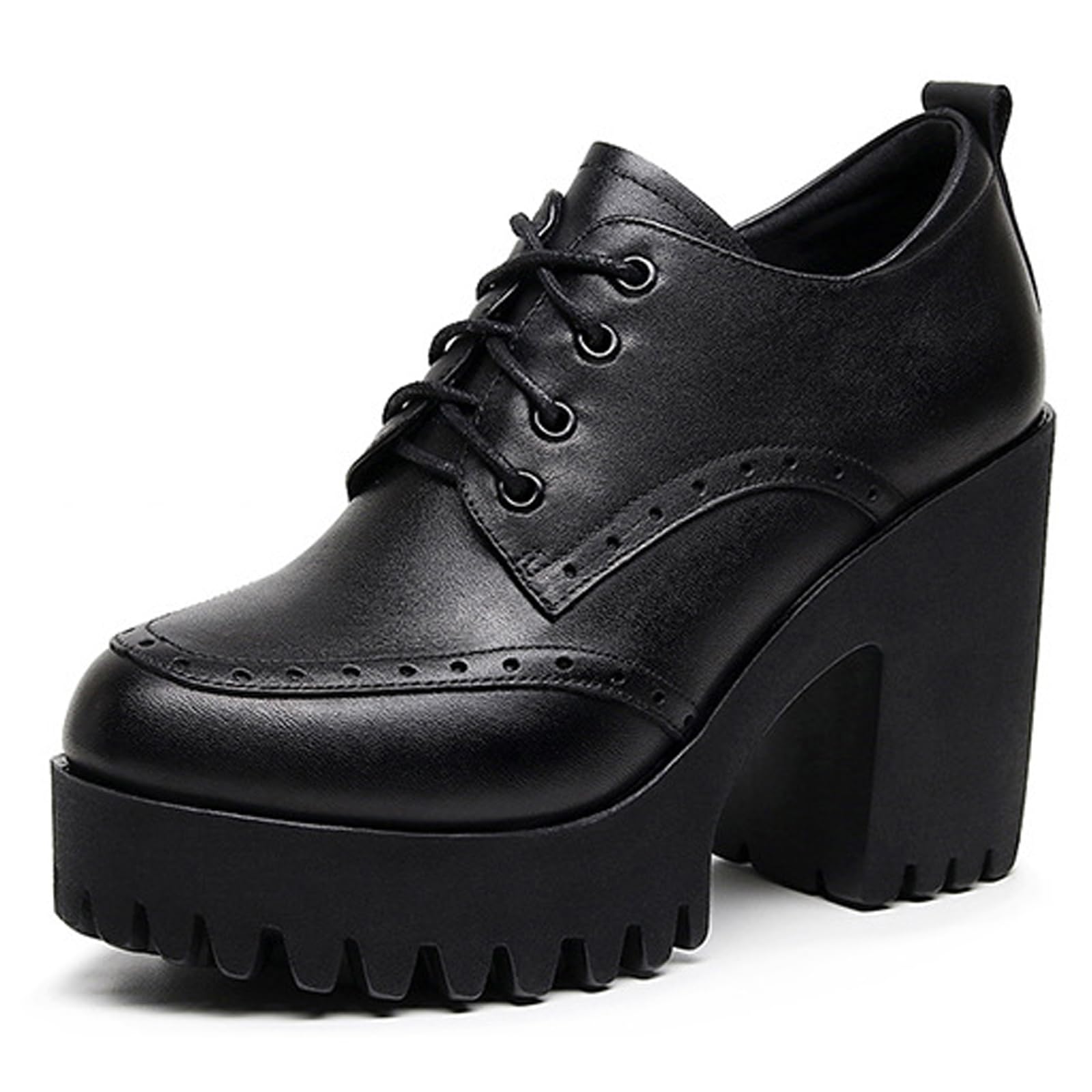 Womens Leather Lace Up Brogues Platform Chunky Heel Oxfords Vintage Round Toe Wingtip Chunky Heel Dress Shoes for