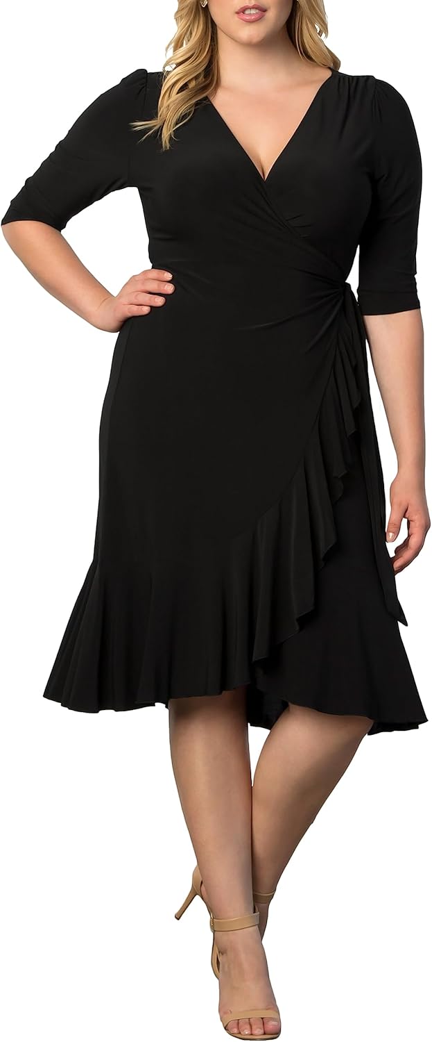 Kiyonna Plus Size Whimsy Ruffled Midi Wrap Dress with Sleeves - Cocktail, Party, Wedding Guest or Work - Image 6