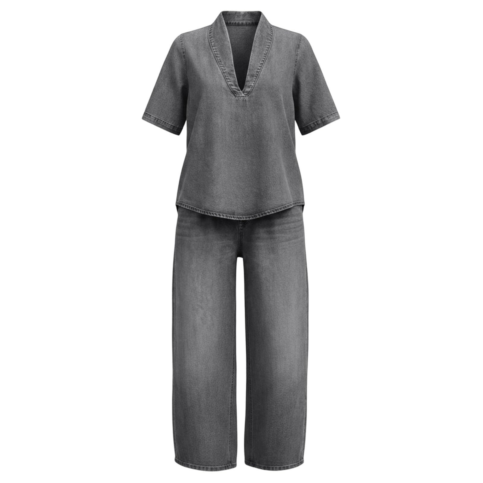 Completo Donna Estivo Curvy, Abbigliamento Donna Estivo Completo Due Pezzi alla in Denim con Giacca Colletto alla Coreana E Pantaloni a Gamba Larga
