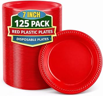 Red Party Plates, Red Dessert Plates, Disposable Plastic Plates, 6 Inch Diameter, 125 Pack
