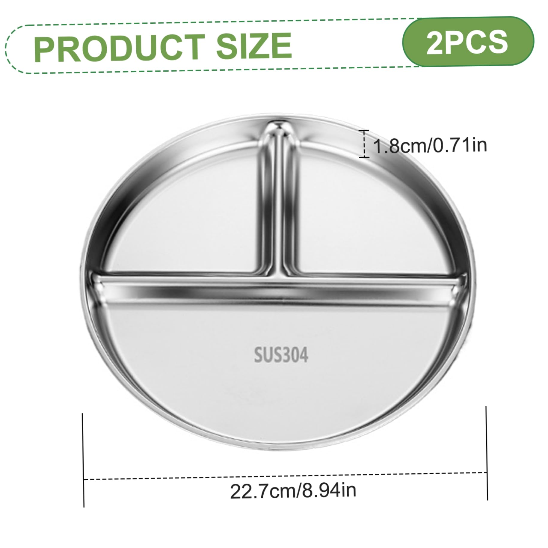 Kinderplatten für Essen aus Edelstahl Dinnerteller Drei-Kompartiment-Teller Ein leicht zu blockierter Portionskontrollteller für Kinder Erwachsene Camping Mittagessen 2pcs 8.9x8.9x0,7 Zoll
