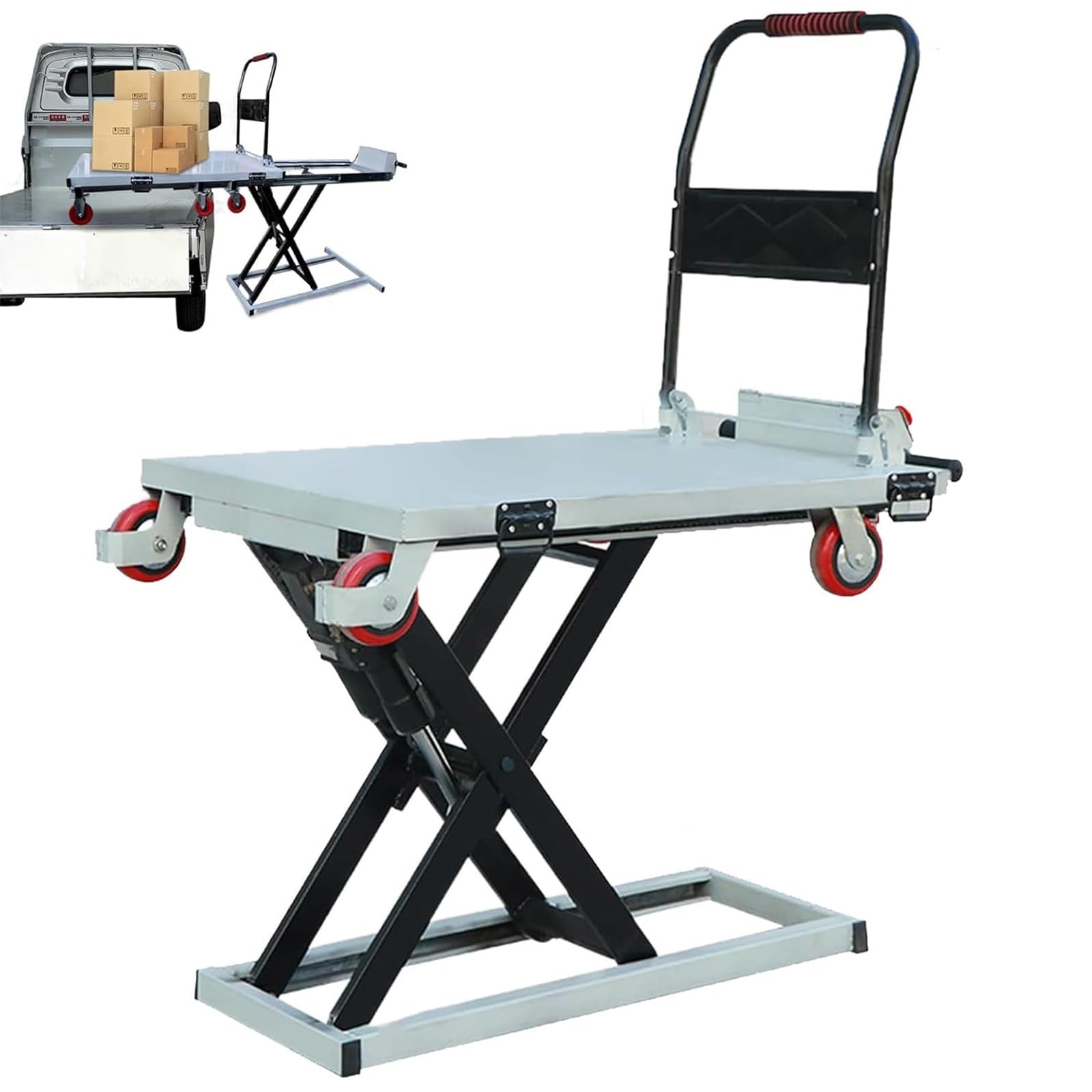 Carrello elevatore elettrico idraulico a forbice, capacità 300 kg, 4 ruote, ideale per movimentazione e trasporto di materiali, attrezzature di sollevamento pesanti e portatili