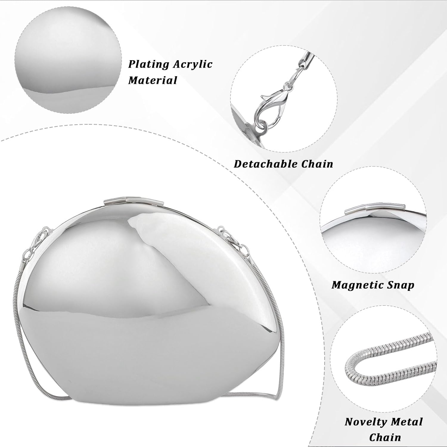 YYW Women Evening Handbag Metal Design Small Silver Clucth Purse Acrylic Shoulder Bag for Party Prom - Image 5