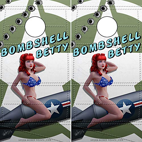 Speed Demon Hot Rod Shop Cornhole Board Wraps ~ Bombshell Betty Cornhole Wraps American WWII Nose Art Pinup Girl ~ Laminated Vinyl Graphic Decal Sheets (Set of 2) CHB