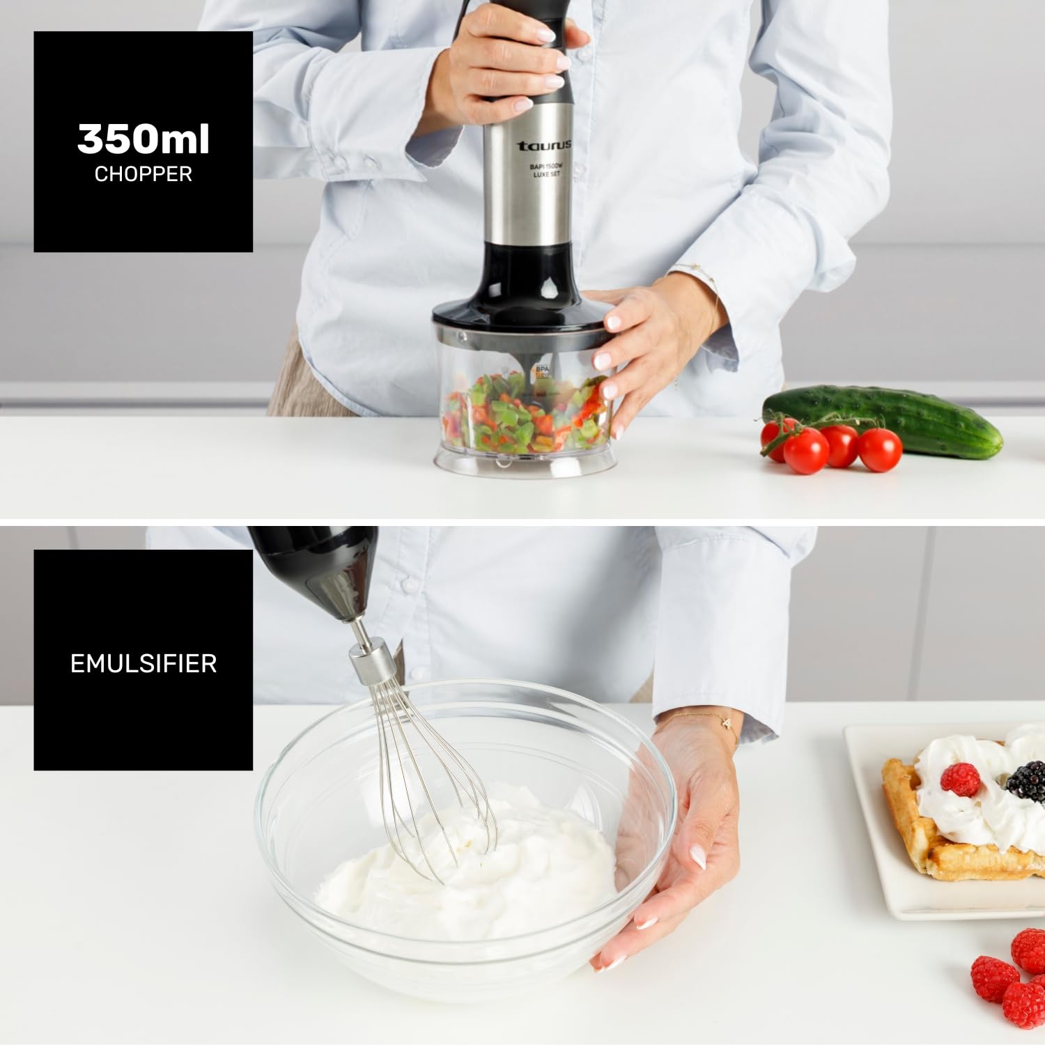 Taurus blender ręczny 1500 W, 20 stopni prędkości + Turbo, ostrza ze stali nierdzewnej, zegary zapobiegające rozpryskiwaniu, ergonomiczny, nie zawiera BPA, nadaje się do mycia w zmywarce, kruszarka do