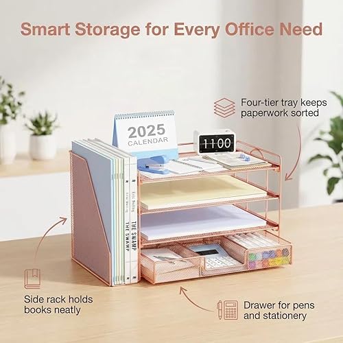 Miniatura 7 de OPNICE Organizadores y accesorios de escritorio, bandeja de papel de 4 niveles con soporte extraíble + cajón, organizador de archivos de escritorio