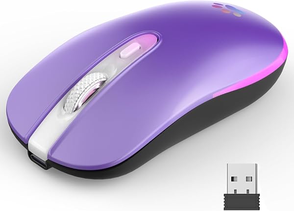 Wireless Mouse, 2.4G & Bluetooth Mouse for Laptop Slim Silent Mice with USB Receiver, 7 Color Backlit LED, 1000/1200/1400/1600 DPI Optical Computer Mice, Compatible with PC, Mac, Laptop, Purple - 1