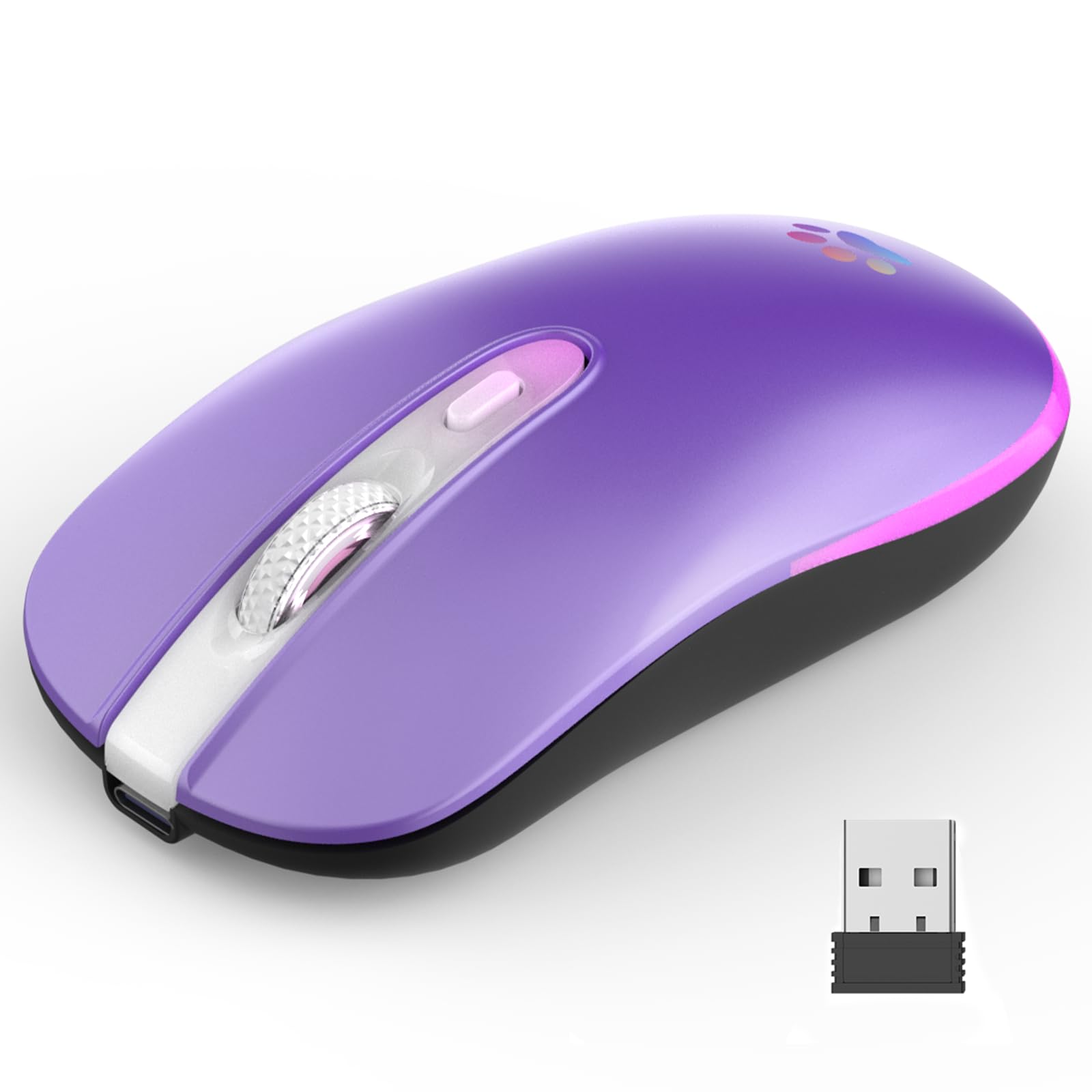 Wireless Mouse, 2.4G & Bluetooth Mouse for Laptop Slim Silent Mice with USB Receiver, 7 Color Backlit LED, 1000/1200/1400/1600 DPI Optical Computer Mice, Compatible with PC, Mac, Laptop, Purple
