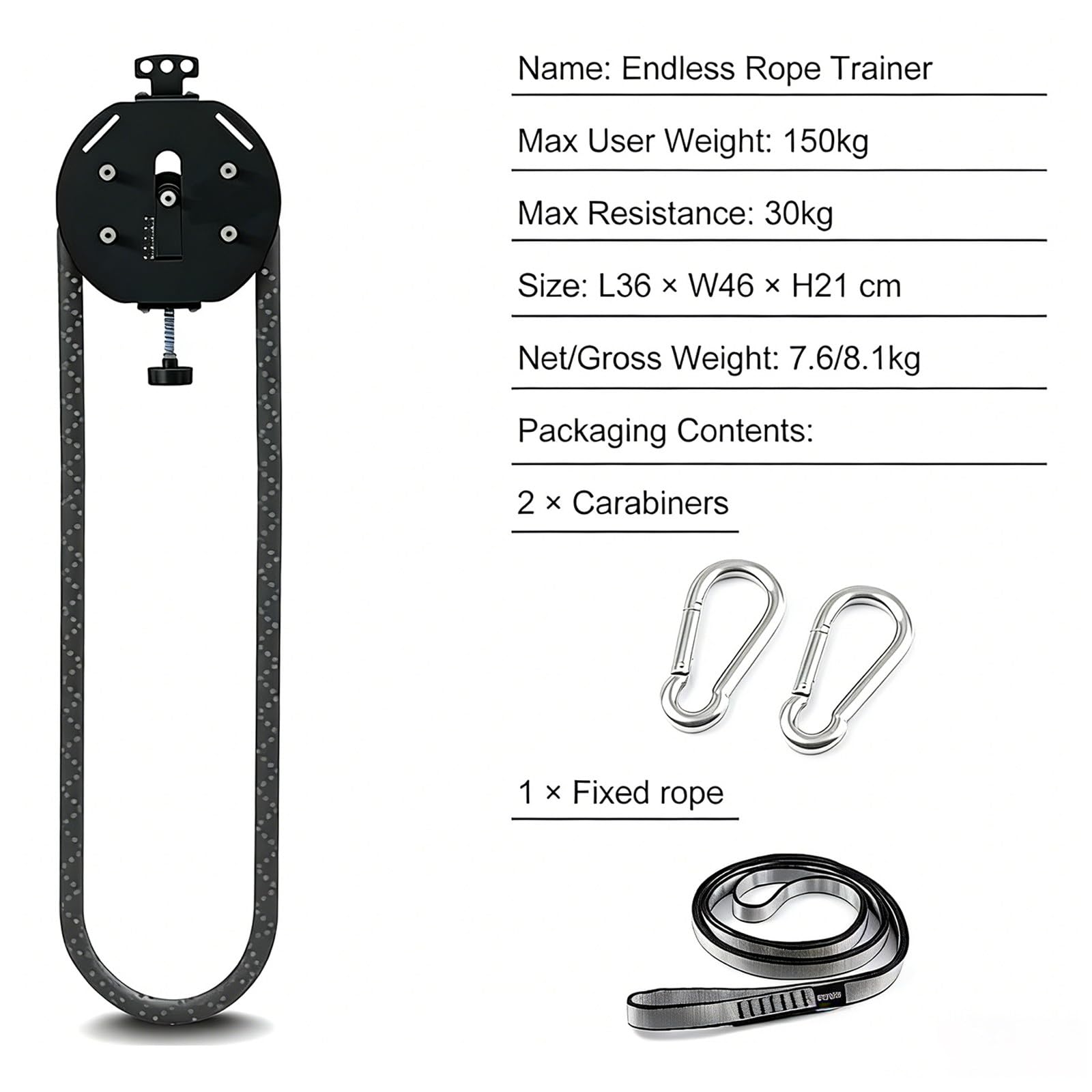 Entrenador de Cuerda Sin Fin, Máquina Entrenadora de Resistencia para Gimnasio en Casa,máquina de Poleas con Resistencia Ajustable, Equipo de Entrenamiento Físico con Cuerda Black