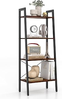 COSTWAY Bücherregal, Regal mit 4 Ebenen, Leiterregal Holz, mit Kippsicherungen & verstellbaren Fußpolstern, Metallrahmen, für Wohnzimmer, Arbeitszimmer & Büro (Rustikales Braun)