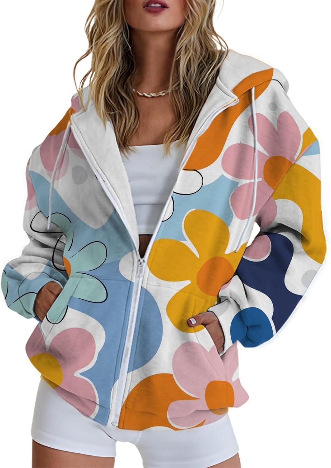 MARSVOVO Oversized Sweatshirts for Women 2025 Zip Up Graphic Print Loose Casual Jacket Trendy Outfits Tops with Pockets
