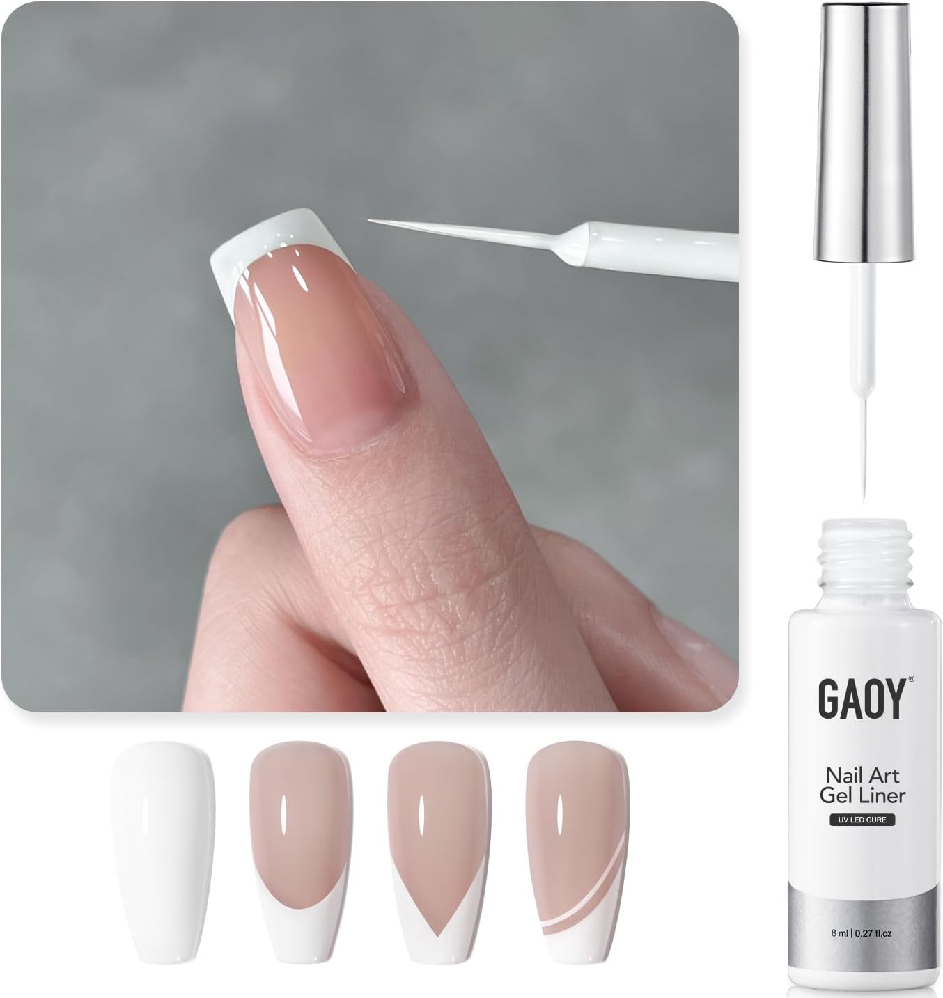 GAOY White Swirl Gel Nail Polish Art Liner, 8ml Classic Color Nail Paint Design with Thin Brush, UV Light Cure for DIY French Manicure at Home