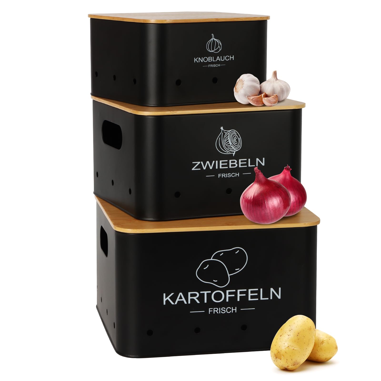 Set 3 Contenitori Per Patate, Cipolle E Aglio - Con Coperchio In Bamb&ugrave; E Fori Di Ventilazione, Nero