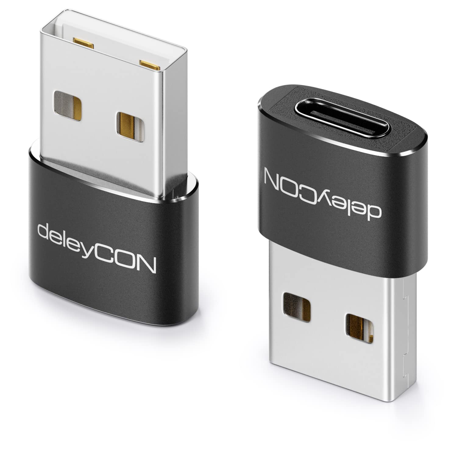 deleyCON Adattatore USB C (2 Pezzi) Presa C a Spina A - per Cavo di Ricarica Cavo Dati Caricabatterie - per iPhone 17 16 15, iPad, Airpods, Watch, Galaxy S25/S24/S23, PC, Tablet, Notebook - Nero