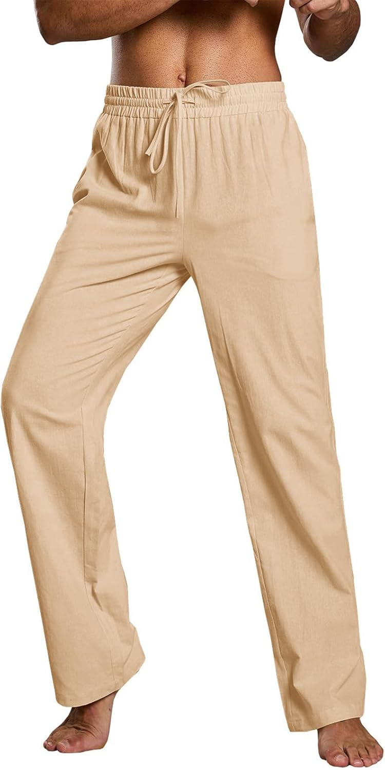 PASLTER Mens Casual Linen Pants Loose Fit Elastic Drawstring Waist Straight-Legs Summer Yoga Beach Long Pants - Image 2