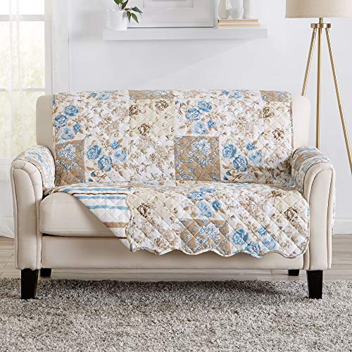Image of Great Bay Home Reversible Floral Patchwork Loveseat Furniture Protector - Machine Washable, Scalloped Edge, Stain Resistant, Printed Furniture Cover for Dogs, Kids, and Pets (Taupe /Blue)