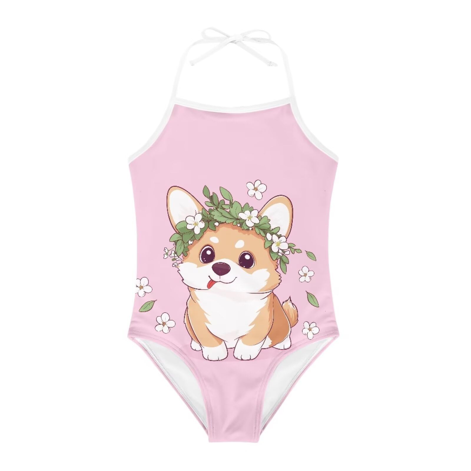 Uppodwarkid Corgi Swimsuit for Girls 3T Halter Bathing Suit for Toddler Girls Quick Dry One Piece Swim Suit with Cute Graphic Swimwear Cool Sport Beachwear for Beach Sports