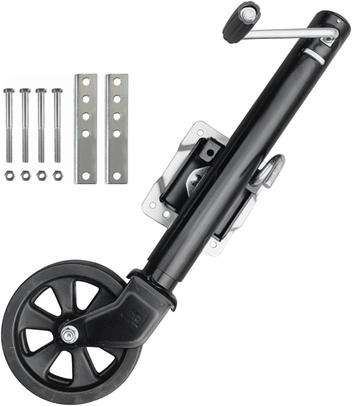 Replacement 8 Inch Solid Wheel Sidewind Round Swivel Trailer Jack with Bolt On Capacity 675KG Jockey Boat RV Parts Accessories(Black)