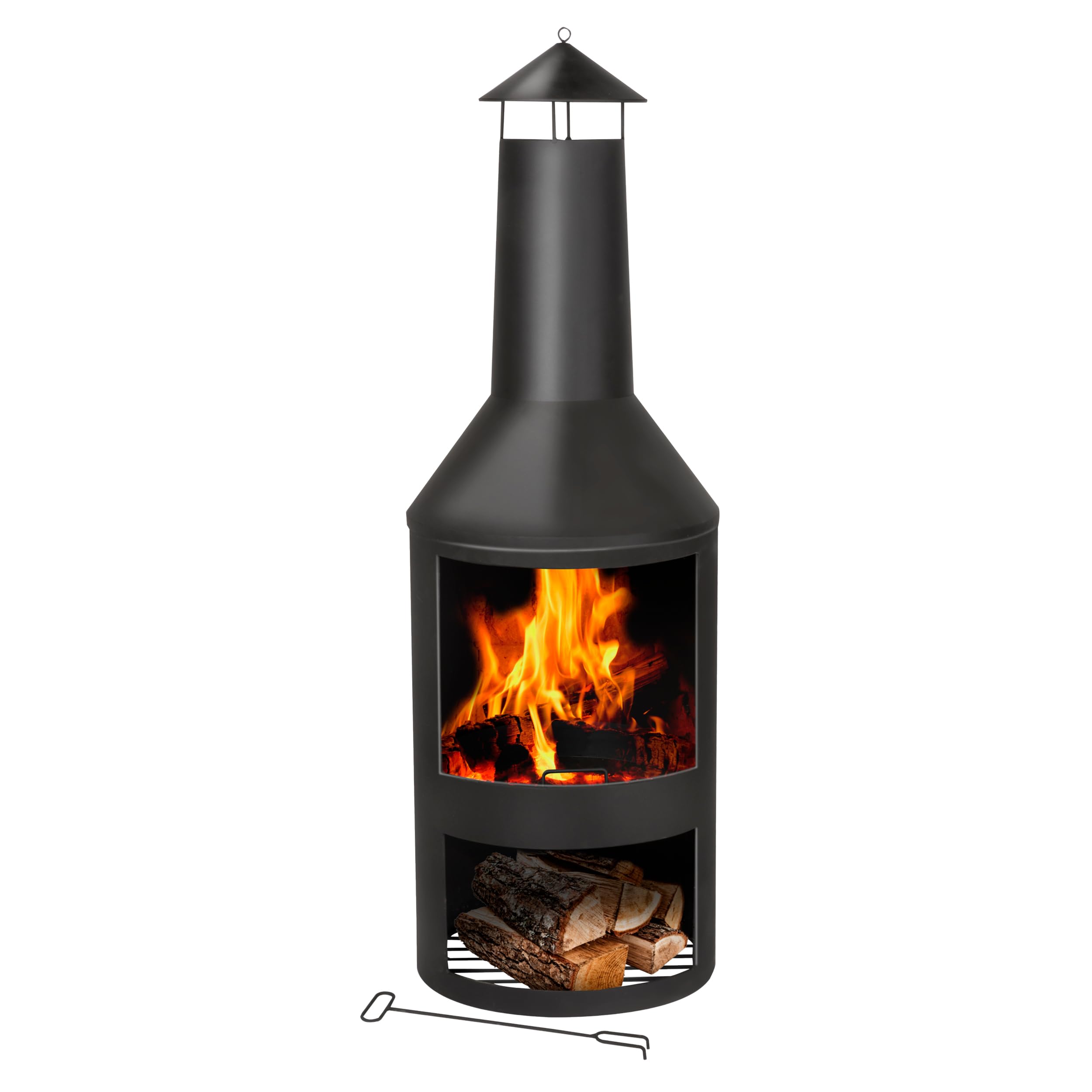 BBQ Collection Stufa da terrazza con camino – Braciere 44,5 x 44,5 x 134 cm – Camino da giardino per legna da ardere – Stufa da giardino con parascintille e ripiano in legno – stufa per terrazza