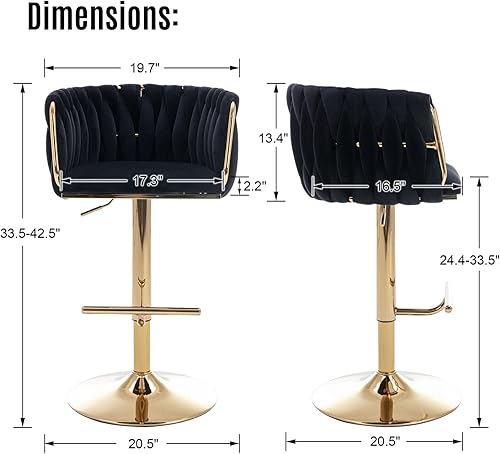 Miniatura 2 de LukeAlon Taburetes de bar giratorios de terciopelo, silla de bar moderna de altura ajustable con base dorada, respaldo tejido con reposapiés para el