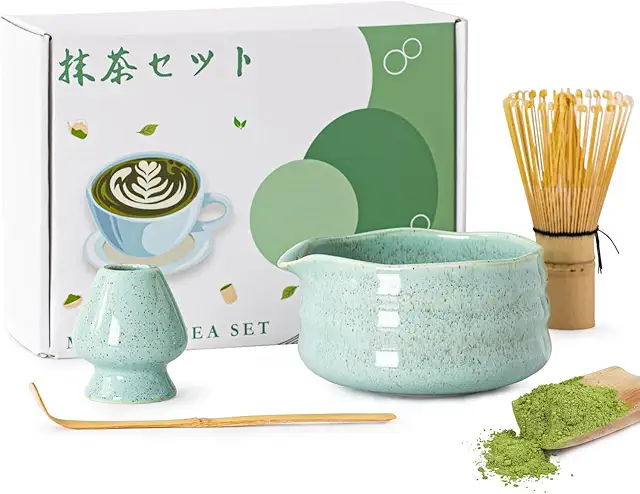 4Pcs Matcha Whisk Set with Bamboo Whisk, Ceramic Bowl, Scoop & Holder - Complete Matcha Bowl Kit