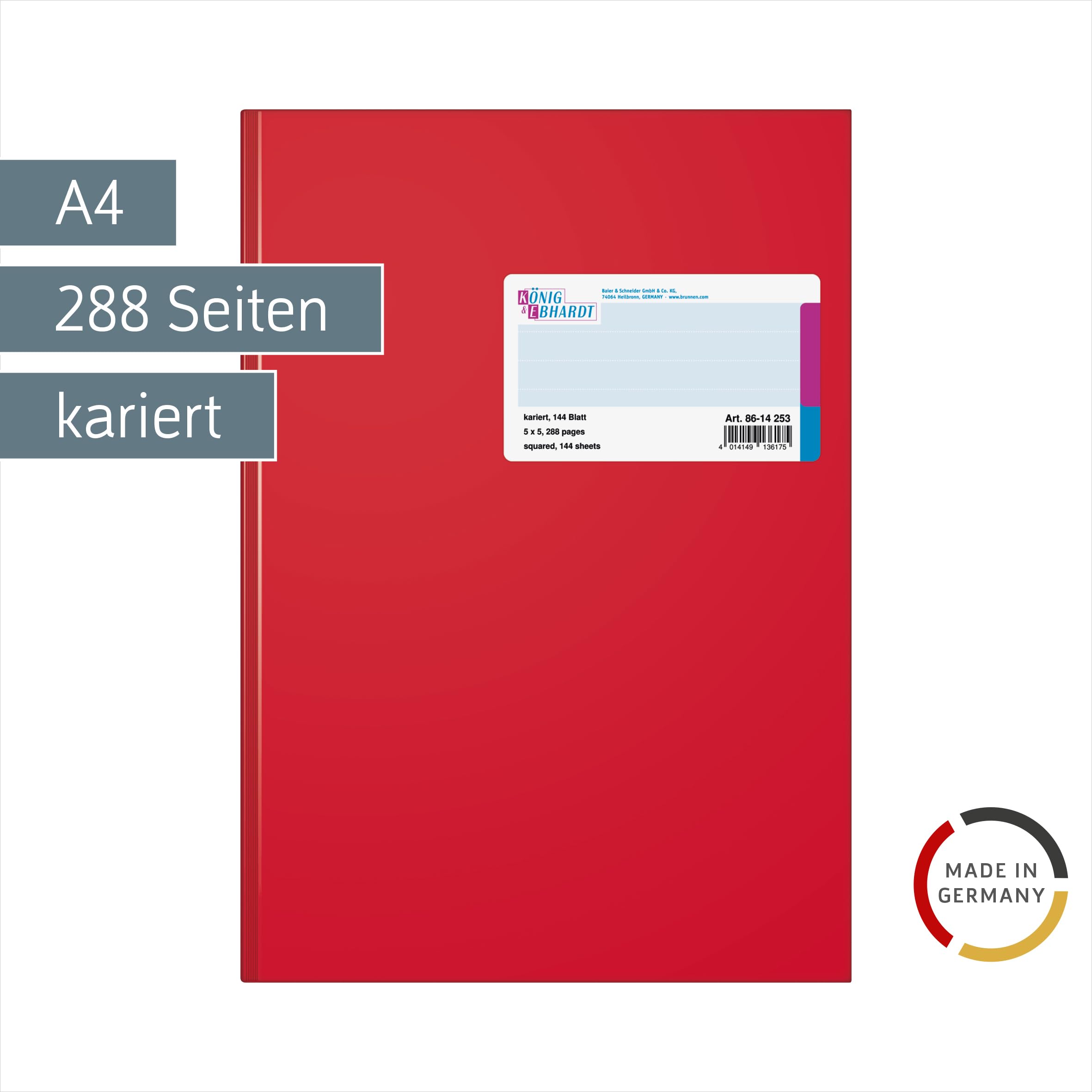 König & Ebhardt 8614253 - Quaderno A4, a quadretti, 70 g/m², 144 fogli con rilegatura adesiva