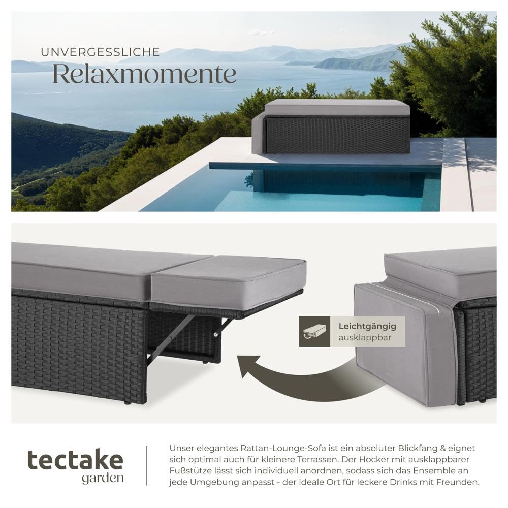 tectake® Sofa Set - 2 Sitzer Sessel mit Hocker und Schlaffunktion, kleine Rattan Couch als Outdoor Gartenmöbel, wetterfest für Lounge, Balkon und Garten, klappbar mit imprägnierten Polstern - Schwarz