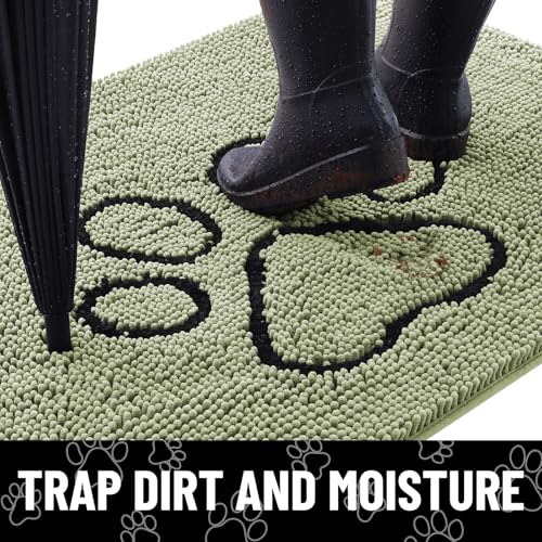 Image of Smiry Dog Door Mat for Muddy Paws, Absorbent Dirt Trapper Non Slip Quick Dry Washable Chenille Mat for Mud Dogs, Entry Rug for Indoor and Outdoor (30x20 Inches, Sage Green and Black)