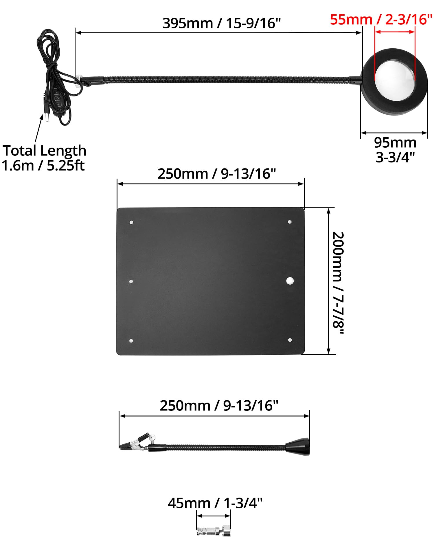 QWORK® Lutowanie z trzeciej ręki, z lampą powiększającą LED 6X, 4 ramionami pomocniczymi do lutowania, 4 kolumnami PCB