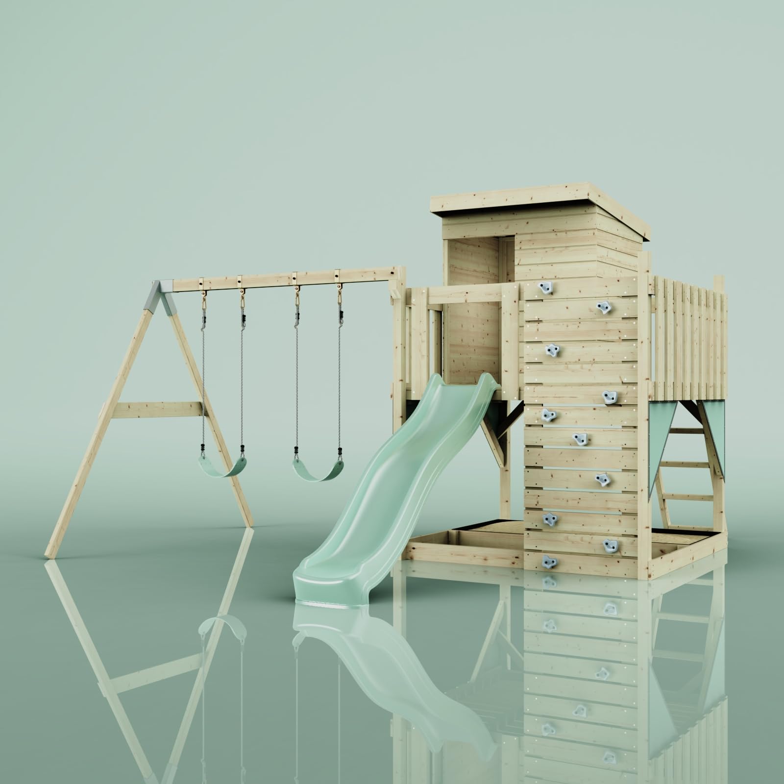 PolarPlay Spielturm Björn aus Holz in Grün – Kinderschaukel