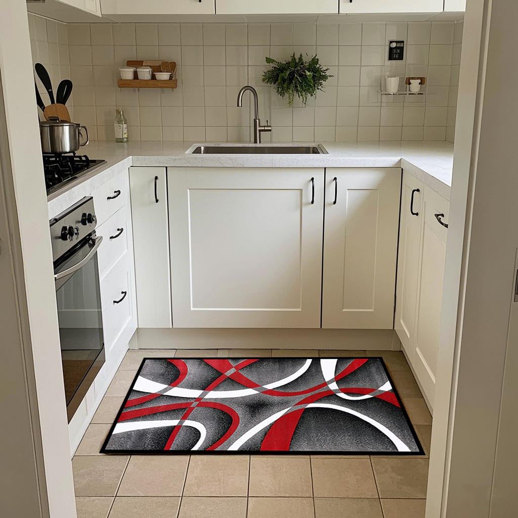 geometric strip lines area rug 2x3 - modern abstract accent rug for living room bedroom, non-slip luxury art floor mat under couch, red/black/white contemporary indoor rug red white black 3' x 2' (rectangular)