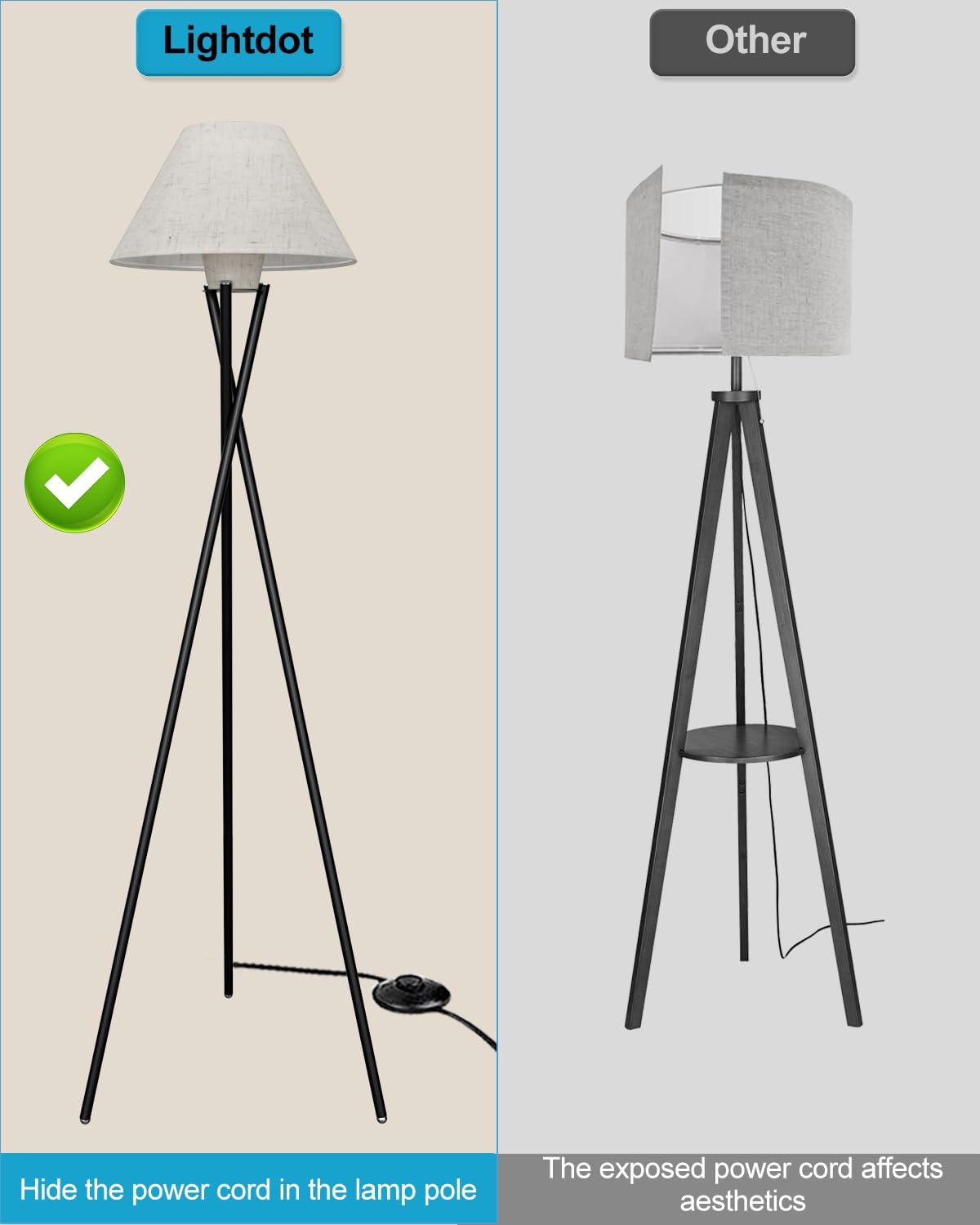 FAITHSAIL Black Tripod Floor Lamp, Dimmable Mid Century Standing Lamp with Fabric Shade, Modern Design Studying Light for Living Room, Bedroom, Study Room and Office(Bulb Included)