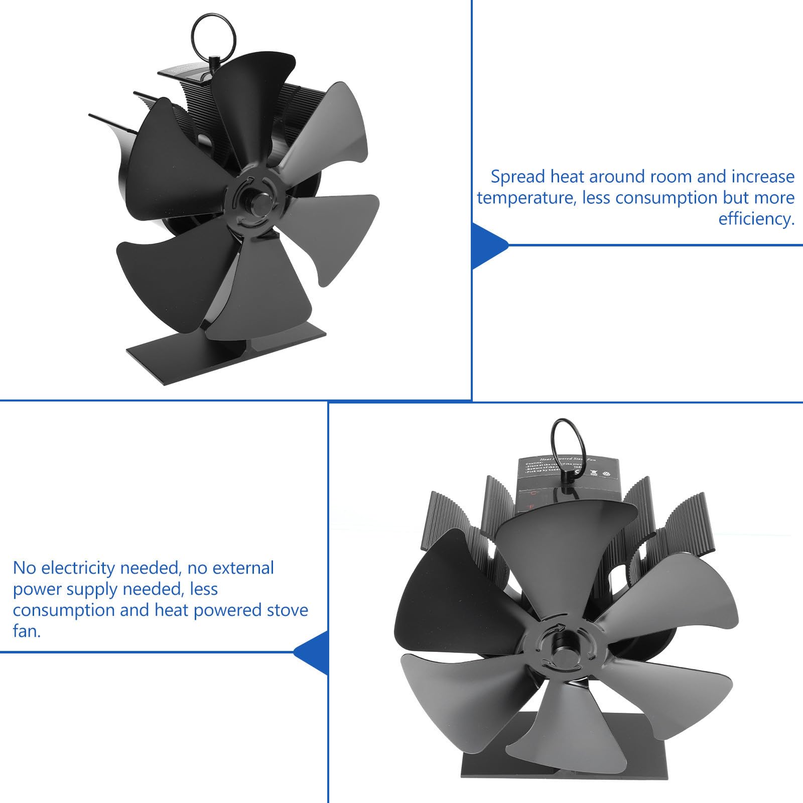 Kaminofenlüfter 6 blatt Ofenventilator aus Aluminium mit Leisem Betrieb und Großem Luftvolumen für Holzöfen zum Heizen im Sommer Effizienter Herdlüfter