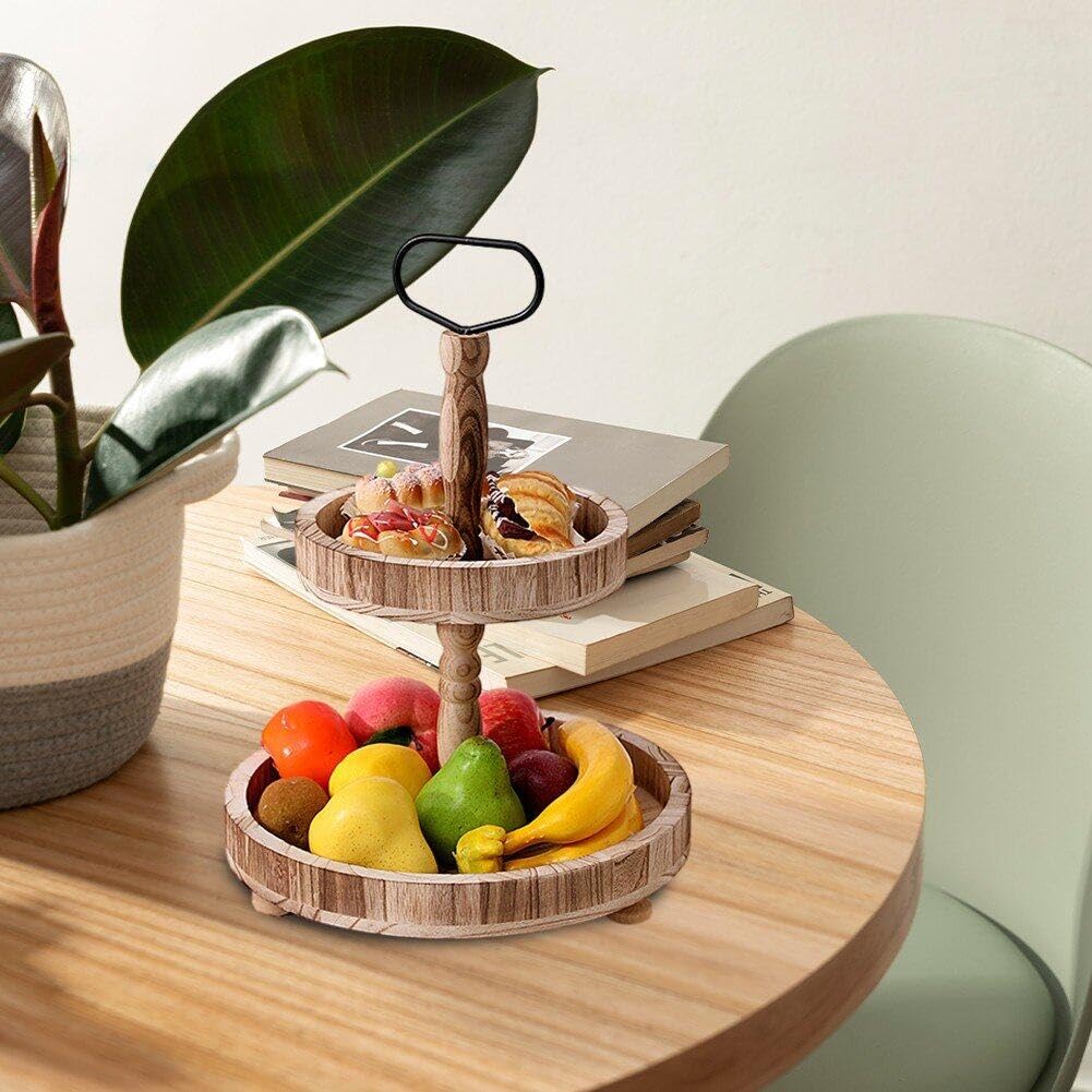 Soporte de madera para tartas de 2 niveles, bandeja redonda desmontable, elegante soporte de exhibición de repostería para postres, vitrina de panadería, perfecto para fiestas y eventos
