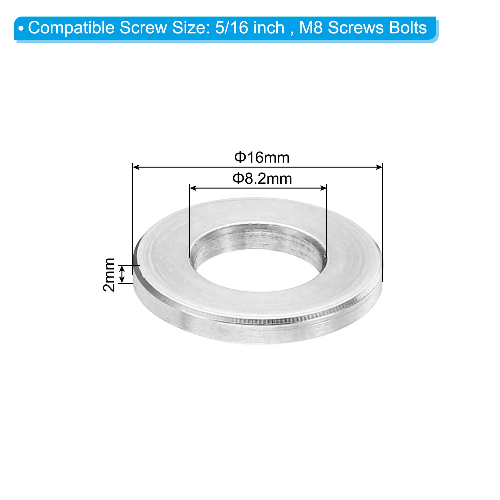 PATIKIL M8 Stainless Steel Spacers, 5Pcs Metal Spacer Stainless Steel 8.2mm ID x 16mm OD x 2mm L Stainless Steel Spacer Screw Standoff for 5/16" or M8 Screw - Image 2