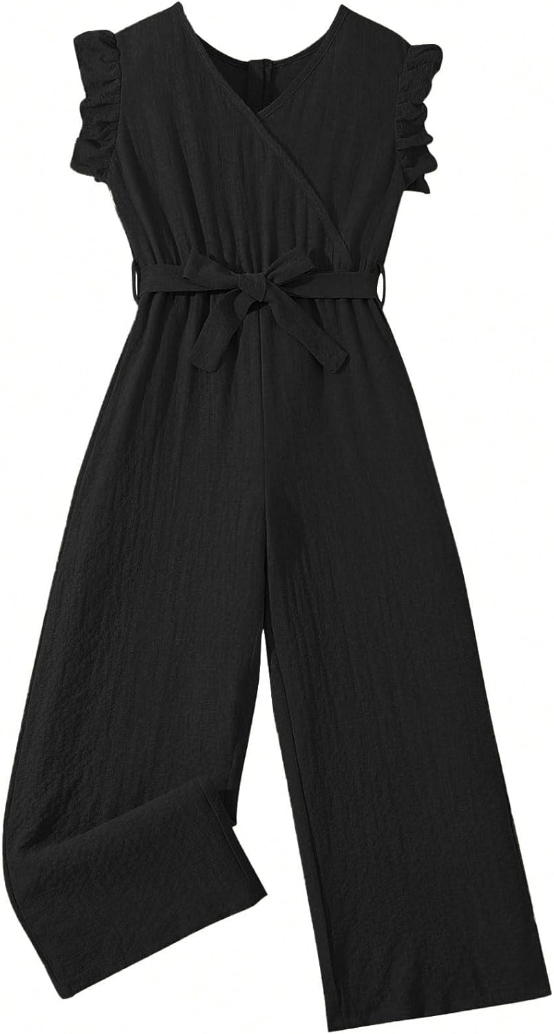 WDIRARA Girl's Ruffle Trim Wrap V Neck Cap Sleeve Cute Jumpsuit Belted Wide Leg Pants