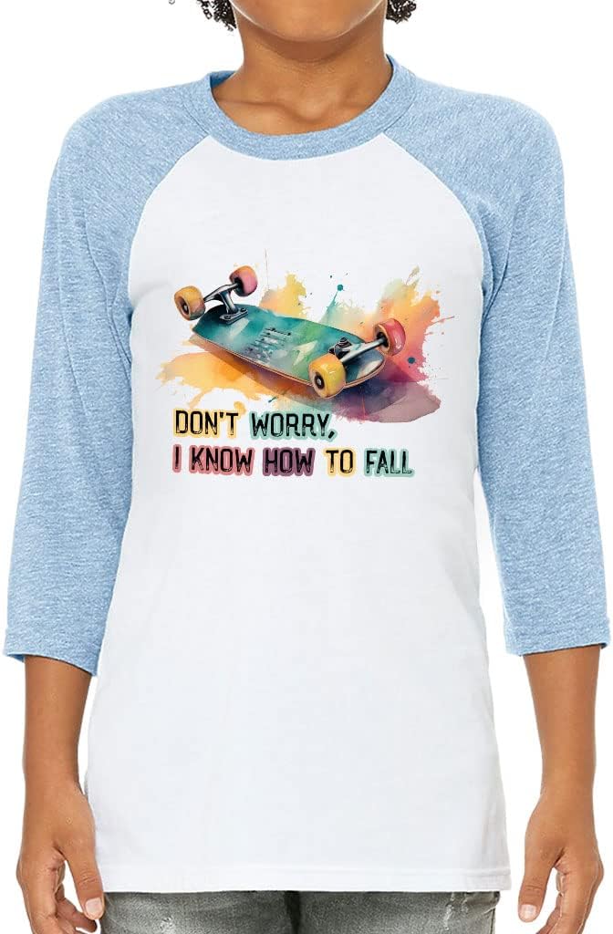 Don't Worry I Know How to Fall Kids' Baseball T-Shirt - Print 3/4 Sleeve T-Shirt - Skateboard Baseball Tee