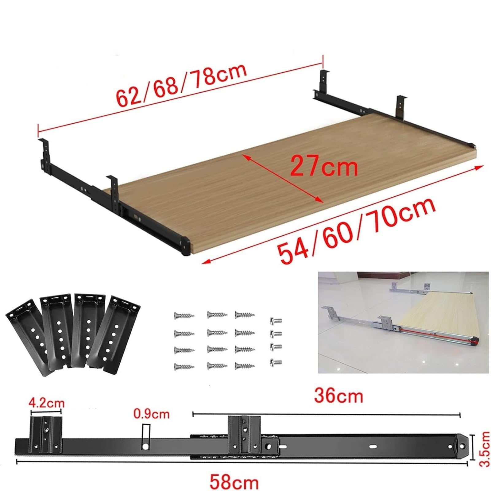 Regulowana taca na klawiaturę pod biurko, ergonomiczna wysuwana szuflada, obsługa klawiatury komputerowej, łatwa instalacja, wykończenie orzechowe (60 x 25 cm)