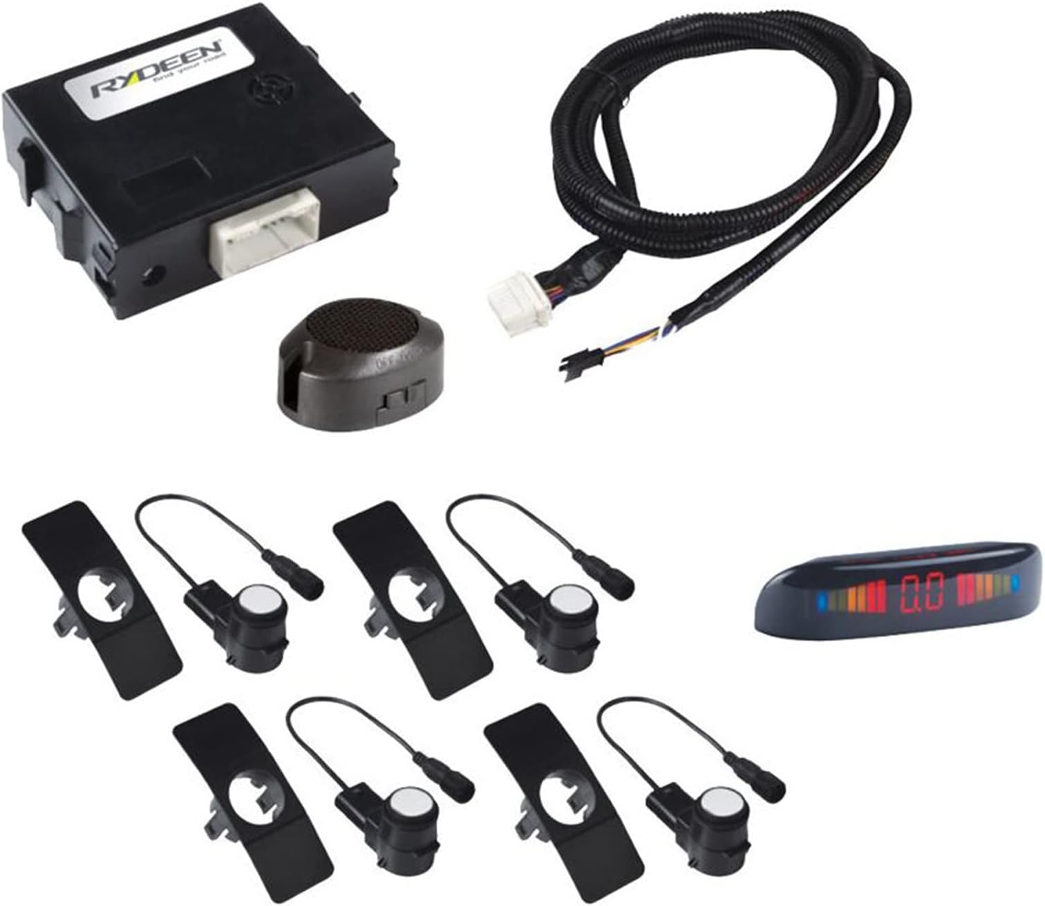 RYDEEN BF470P Ultrasonic Flush Mount OEM Look Parking Sensor for Front Object Sensing with Buzzer and LED, Extra Cables for Small/Mid-Size Passenger Vehicles for Plastic Bumpers Only