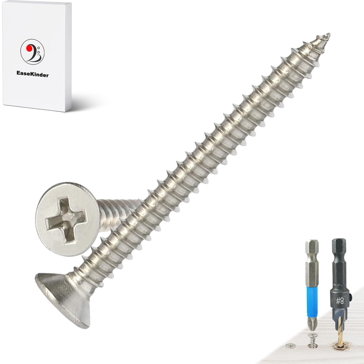 Wood Screws - 60PCS Flat Head Phillips Screws, 304 Stainless Steel Screw with Adjustable Wood Countersink Kit (#8 x 1-1/2")